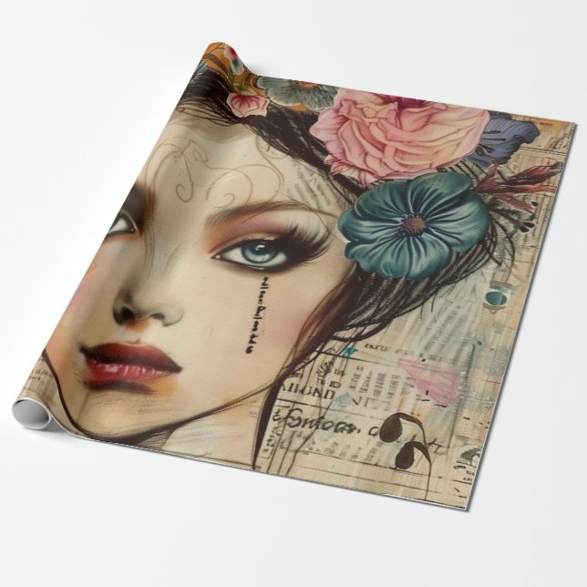 Vintage Scrapbook Collage Face (9) Wrapping Paper (Unrolled)
