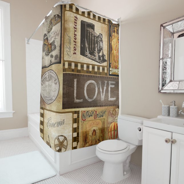 Vintage Scrapbook Collage Love Chocolate Cinema Shower Curtain (In Situ)