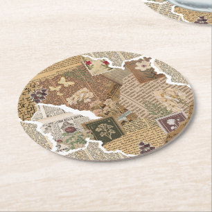 Vintage Scrapbook Floral Collage Antique Round Paper Coaster