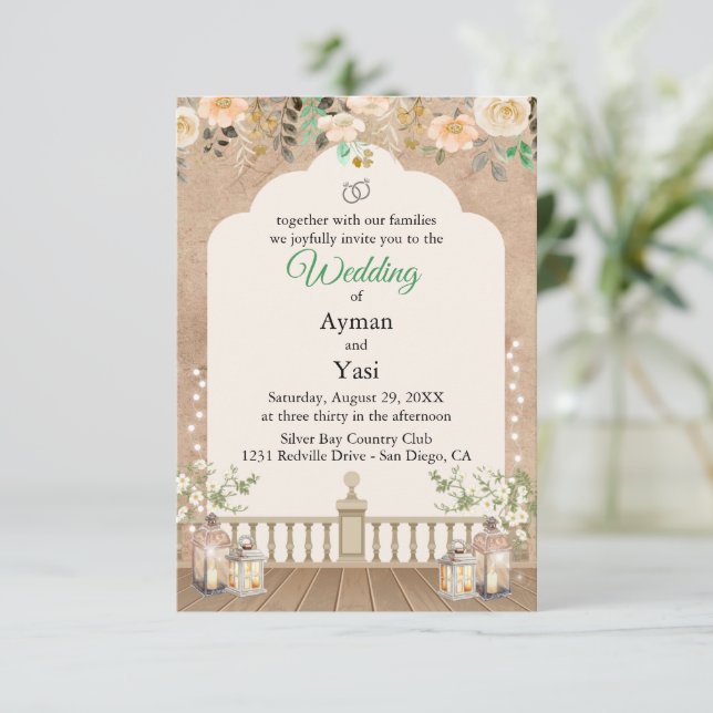 Vintage Scrapbook Wedding Invite Pressed Flowers (Standing Front)