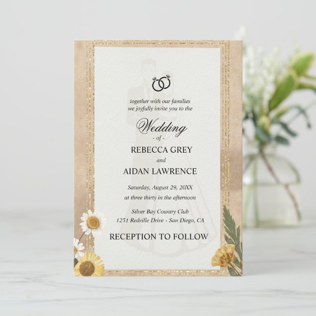 Vintage Scrapbook Wedding Invite Pressed Flowers (Standing Front)