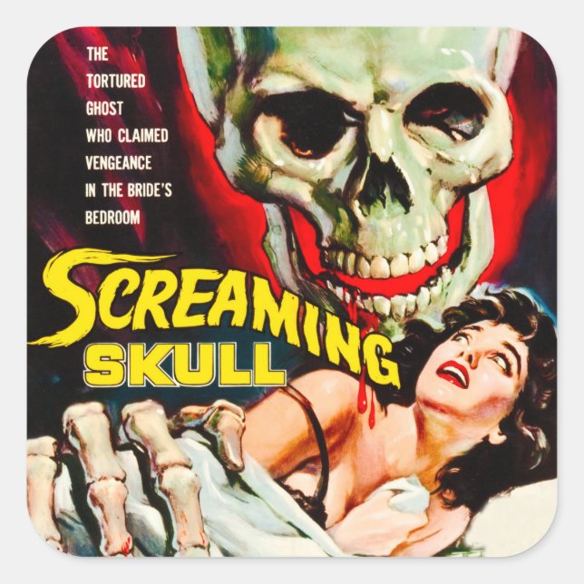Vintage "Screaming Skull" Movie Film Box Square Sticker (Front)