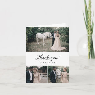 Vintage Script 3 Photo Collage Folded Wedding Thank You Card