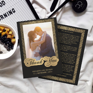 Vintage Script Black and gold Wedding Photo Thank You Card