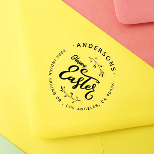 Vintage Script Happy Easter Family Return Address Rubber Stamp