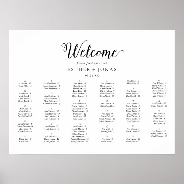 Vintage Script Horizontal Alphabetical Seating Poster (Front)