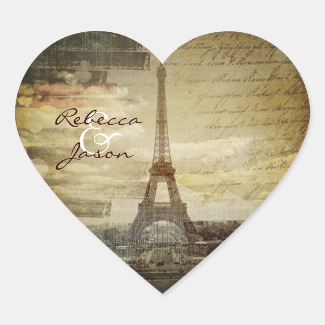 vintage scripts Paris Eiffel Tower Wedding Heart Sticker (Front)