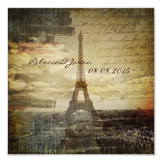 vintage scripts Paris Eiffel Tower Wedding Photo Print (Front)