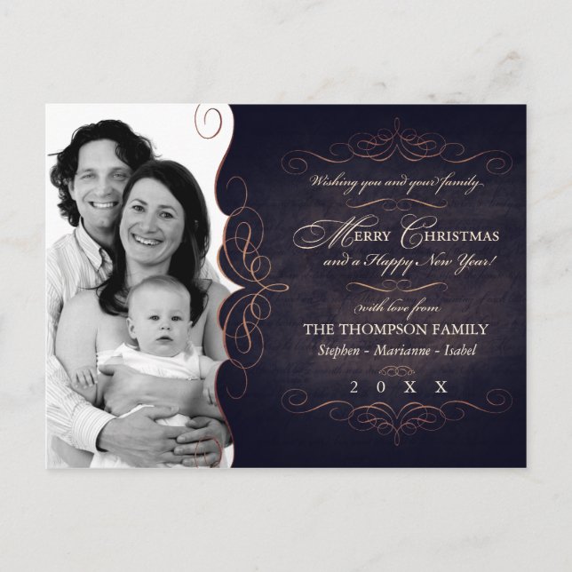 Vintage Scroll Chalkboard Christmas photo card (Front)