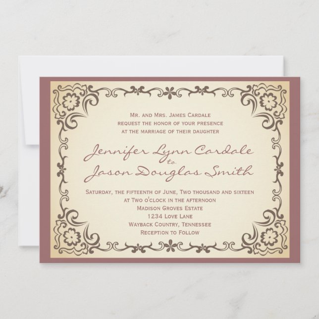 Vintage Scroll Frame Mauve Wedding Invitations (Front)