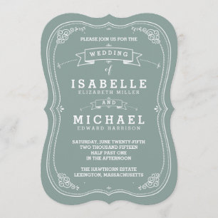 Vintage Scroll Wedding Invitation   Green