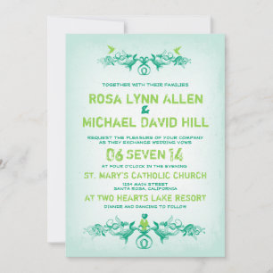 Vintage scrolls and Birds - emerald wedding invite