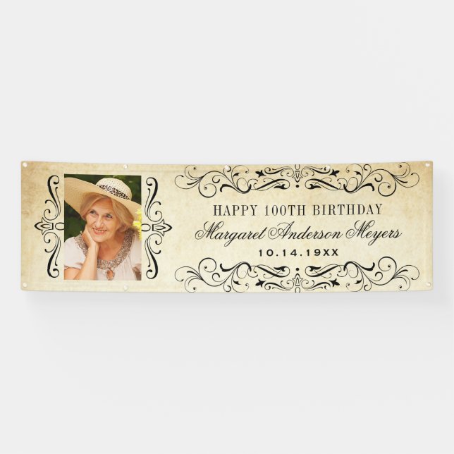 Vintage Scrollwork Photo Birthday Banner (Horizontal)