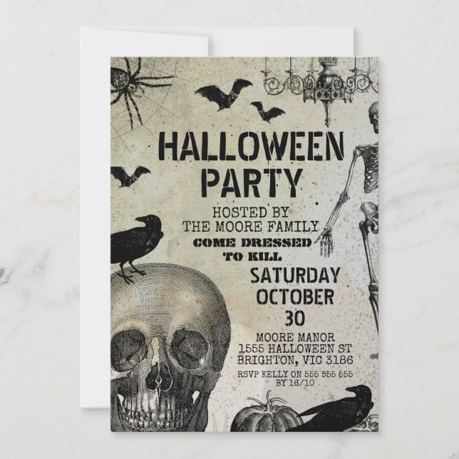 Vintage Scull Crow Bat Halloween Party Invitation (Front)