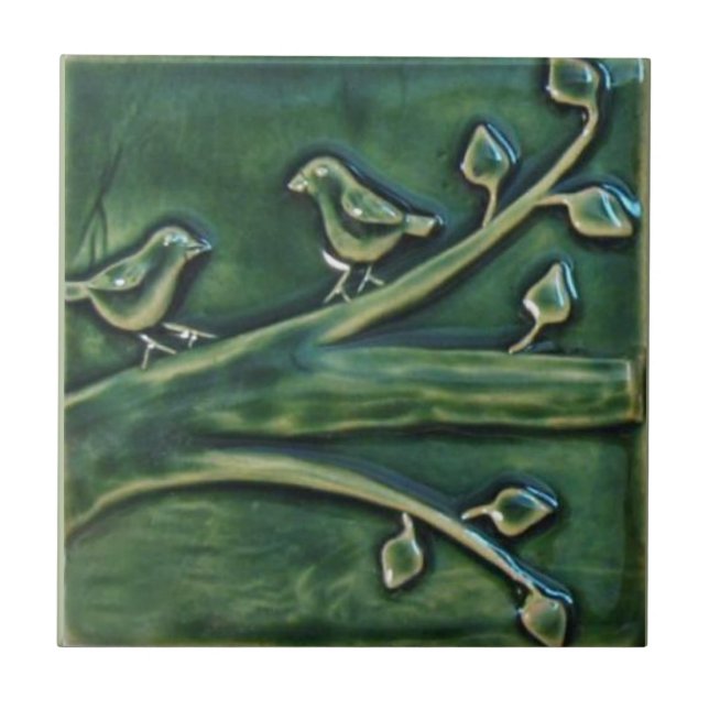 Vintage Sculptural Birds Upon Branches Ceramic Tile (Front)