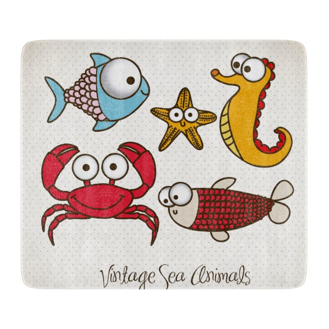 Vintage Sea Animals Cutting Board Glass (Front)