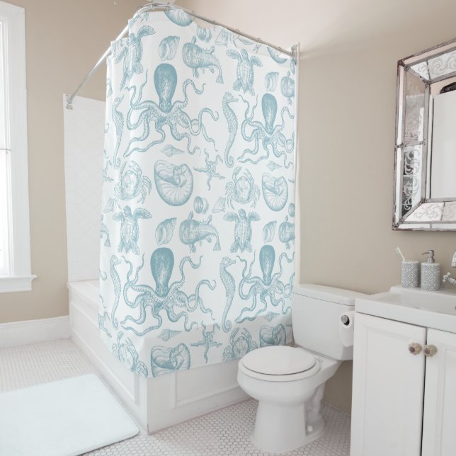 Vintage Sea Animals Illustration Blue Pattern Shower Curtain (In Situ)