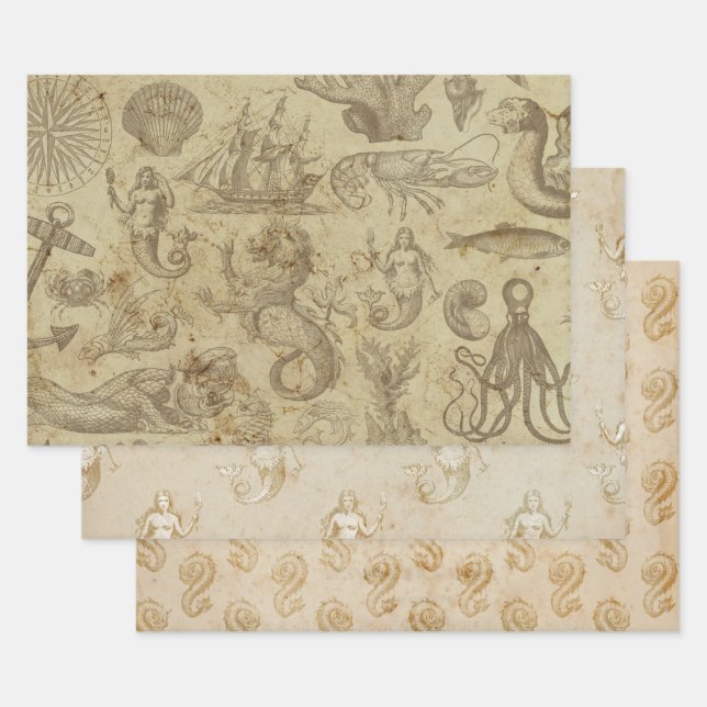 Vintage Sea Creatures Trio Wrapping Paper Sheet (Set)