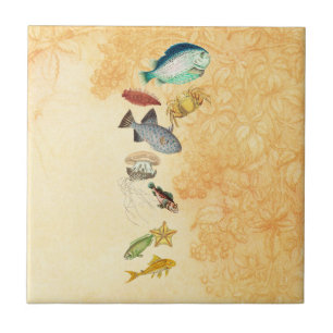 Vintage Sea Fish Floral Orange Yellow Ceramic Tile
