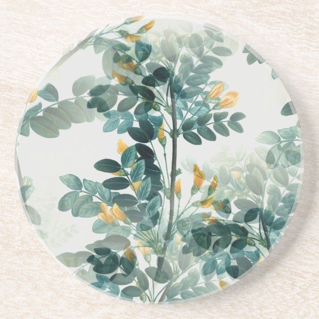 Vintage Sea Green Foliage Leaves Elegant Pattern Coaster (Front)