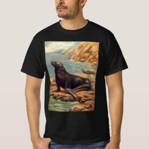 Vintage Sea Lion by the Seashore, Marine Mammals T-Shirt