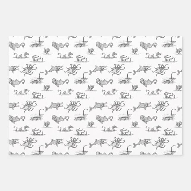 Vintage Sea Monster Line Art Wrapping Paper Sheet (Front)