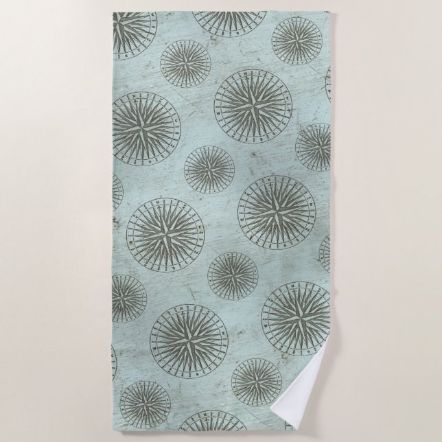 Vintage Sea Shanty | Steampunk Compass Ephemera Beach Towel (Front)