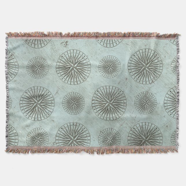 Vintage Sea Shanty | Steampunk Compass Ephemera Throw Blanket (Front)