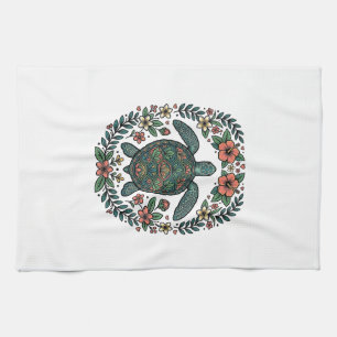 Vintage Sea Turtle Floral Vector Design_1 Tea Towel