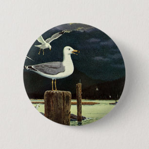 Vintage Seagull Perched Pier, Marine Birds Animals 6 Cm Round Badge
