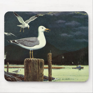 Vintage Seagull Perched Pier, Marine Birds Animals Mouse Pad