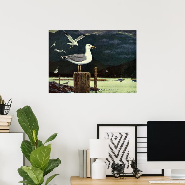 Vintage Seagull Perched Pier, Marine Birds Animals Poster (Home Office)