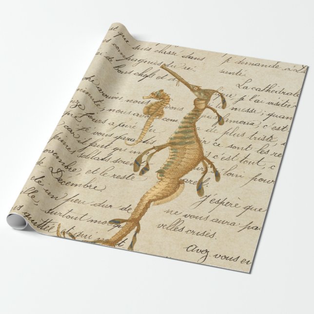 Vintage Seahorse and Script Wrapping Paper (Unrolled)