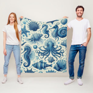 Vintage Sealife Animals Pattern Fleece Blanket