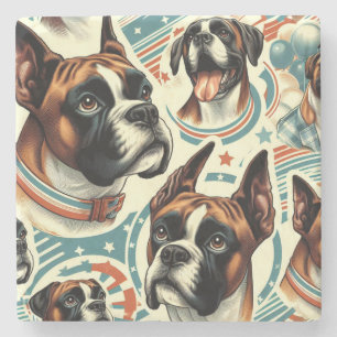 Vintage Seamless Boxer Dog Illustration Stone Coaster