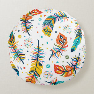 Vintage seamless feathers pattern in boho style round cushion