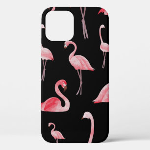 vintage seamless pattern Cute flamingos on black b iPhone 12 Case