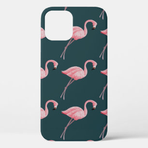 vintage seamless pattern Flamingos on blue backgro iPhone 12 Case