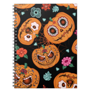 vintage seamless pattern for Halloween. Pumpkin, f Notebook