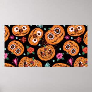 vintage seamless pattern for Halloween. Pumpkin, f Poster