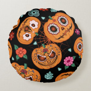 vintage seamless pattern for Halloween. Pumpkin, f Round Cushion