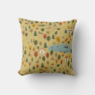 vintage seamless pattern of autumn forest landscap cushion