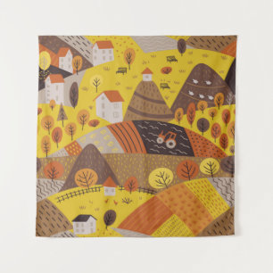 Vintage seamless pattern of autumn village landsca tapestry
