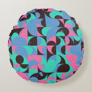 Vintage seamless pattern tiles in black, neon pink round cushion