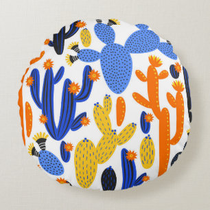vintage seamless pattern with cactus on black and round cushion