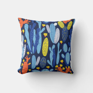 vintage seamless pattern with cactus on dark blue cushion