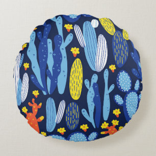 vintage seamless pattern with cactus on dark blue  round cushion