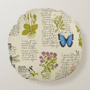 Vintage seamless pattern with handwritten text Lor Round Cushion