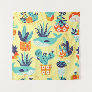 Vintage seamless pattern with succulents and cactu tapestry