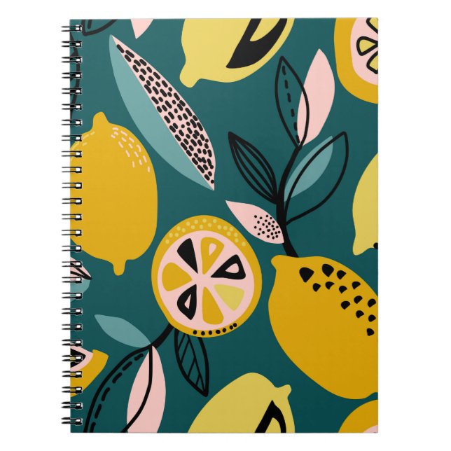 Vintage seamless pattern with yellow lemons,branch notebook (Front)